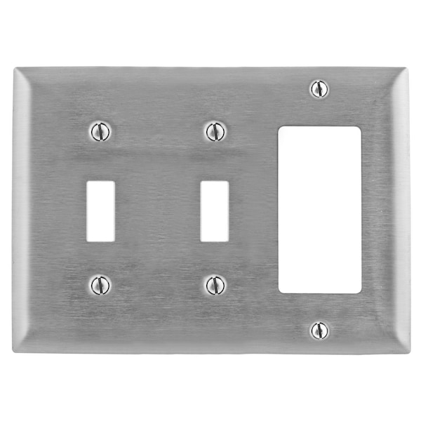 Placas y cajas de pared Hubbell Wiring Device-Kellems, Placas metálicas, 3 módulos, 2 aberturas para interruptores y 1 para GFCI, tamaño estándar, acero inoxidable - SS226