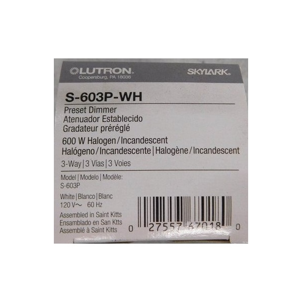 Lutron SKYLARK INC 600W 3WY PRESET WH - S-603P-WH