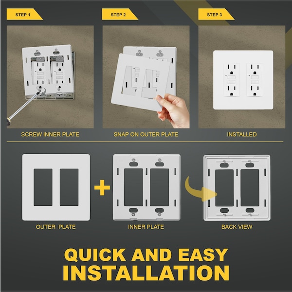 Placas de pared decorativas sin tornillos Faith de 2 gangas, cubiertas de enchufes seguros para niños, receptáculo USB, blanco - SWP2-WH-01