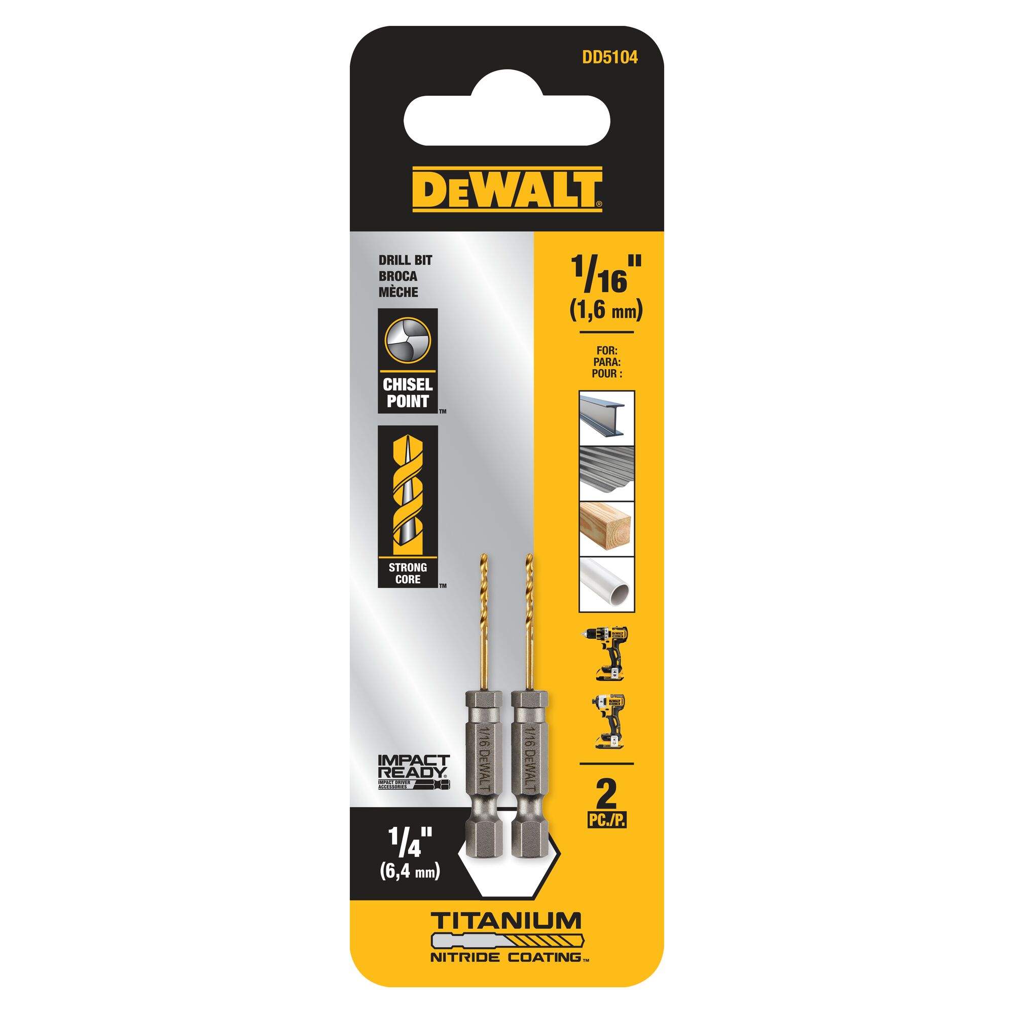 DEWALT DEWALT Juego de 2 brocas helicoidales de longitud para trabajo de 1/16 pulgadas x 2-1/4 pulgadas recubiertas de nitruro de titanio HSS - DD5104