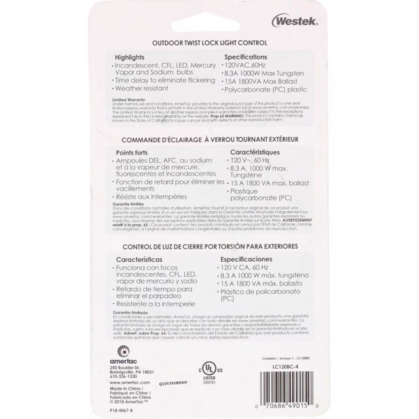 Control de luz fotoeléctrico de bloqueo giratorio Westek Amertac negro 1 pk - LC120BC-4