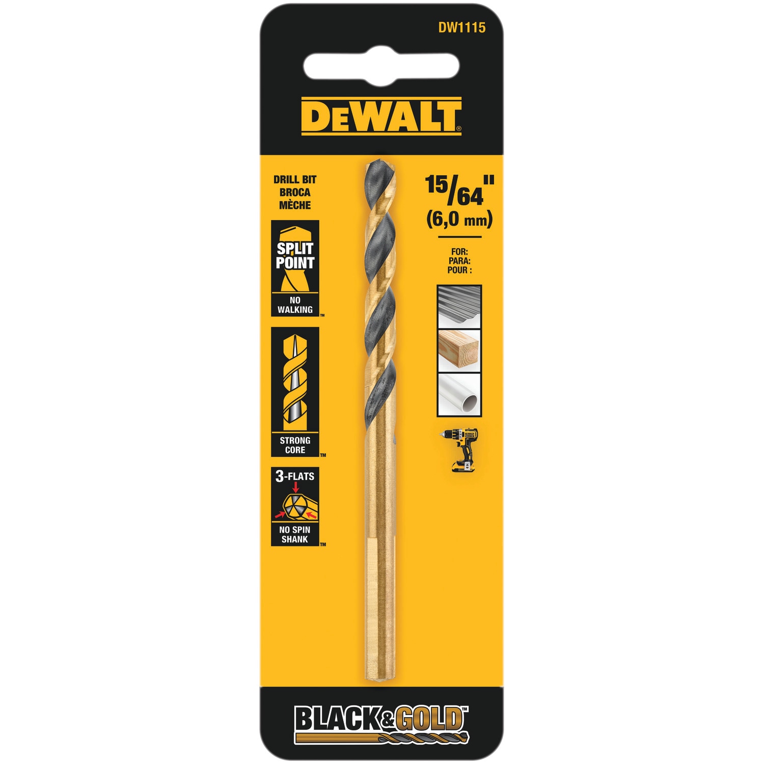  DEWALT Broca para taladro helicoidal de longitud estándar recubierta en negro y dorado de 15/64 pulgadas x 3-15/16 pulgadas - DW1115