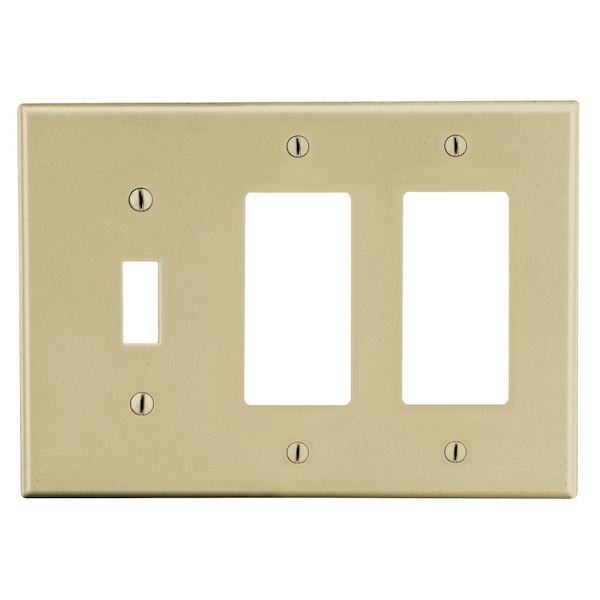 Hubbell Wiring Device-Kellems Wallplate, 3- Gang, 1) Toggle 2) Decorator, Ivory - P1262I