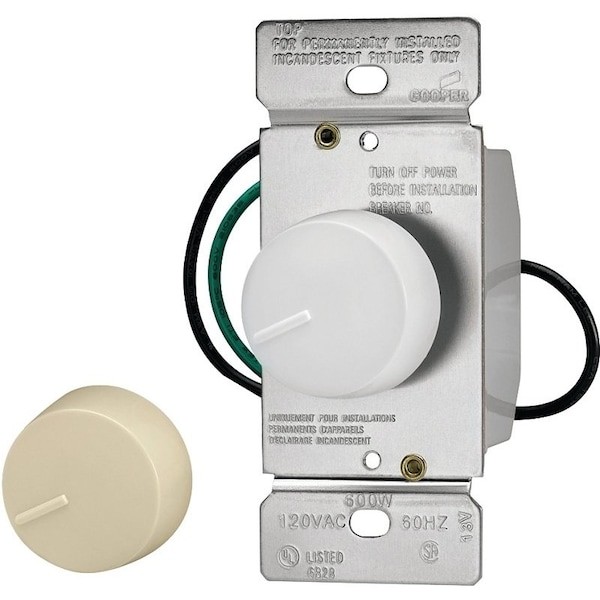 Regulador rotativo para atenuar, 120 V, 600 W, lámpara halógena/incandescente, 3 vías, marfil/blanco - RI06P-VW-K2