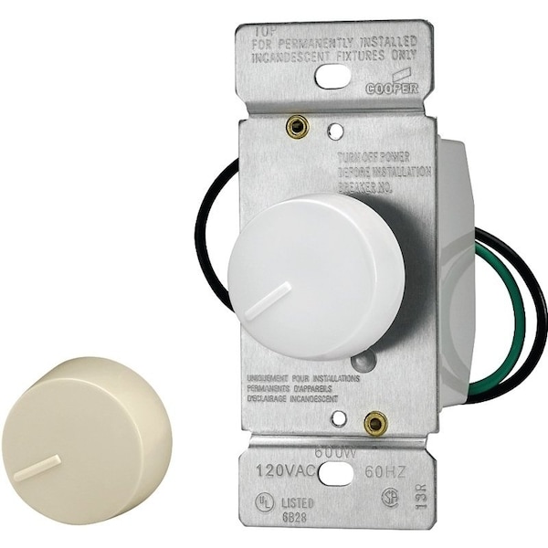 Atenuador rotativo para dispositivos de cableado Eaton, 120 V, 600 W, lámpara halógena/incandescente, un solo polo, marfil/blanco - RI061-VW-K2