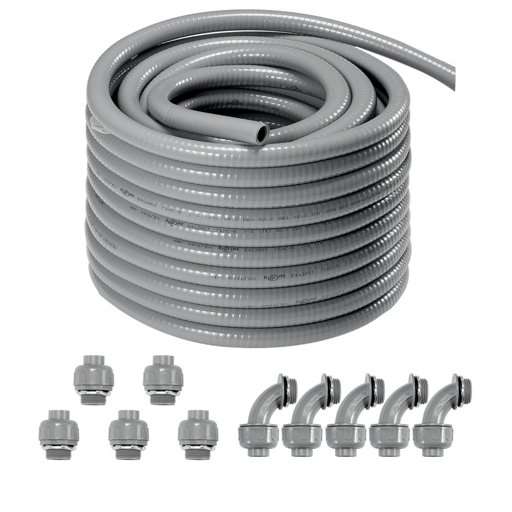 VEVOR 1/2-Inch Flexible Electrical Conduit, 100 ft, PVC Liquid-Tight Conduit Non-Metallic with 5 Straight and 5 90-Degree Conduit Connector Fittings, for Air Conditioning Motor Controller Pump, IP65 - PVCYMDQDG1004Q1FJV0