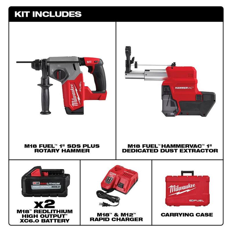 Milwaukee M18 FUEL 18V Lithium-Ion Brushless 1 in. Taladro rotativo SDS-Plus inalámbrico con extractor de polvo y kit de esmeril angular M18 FUEL - 2912-22DE-2880-20