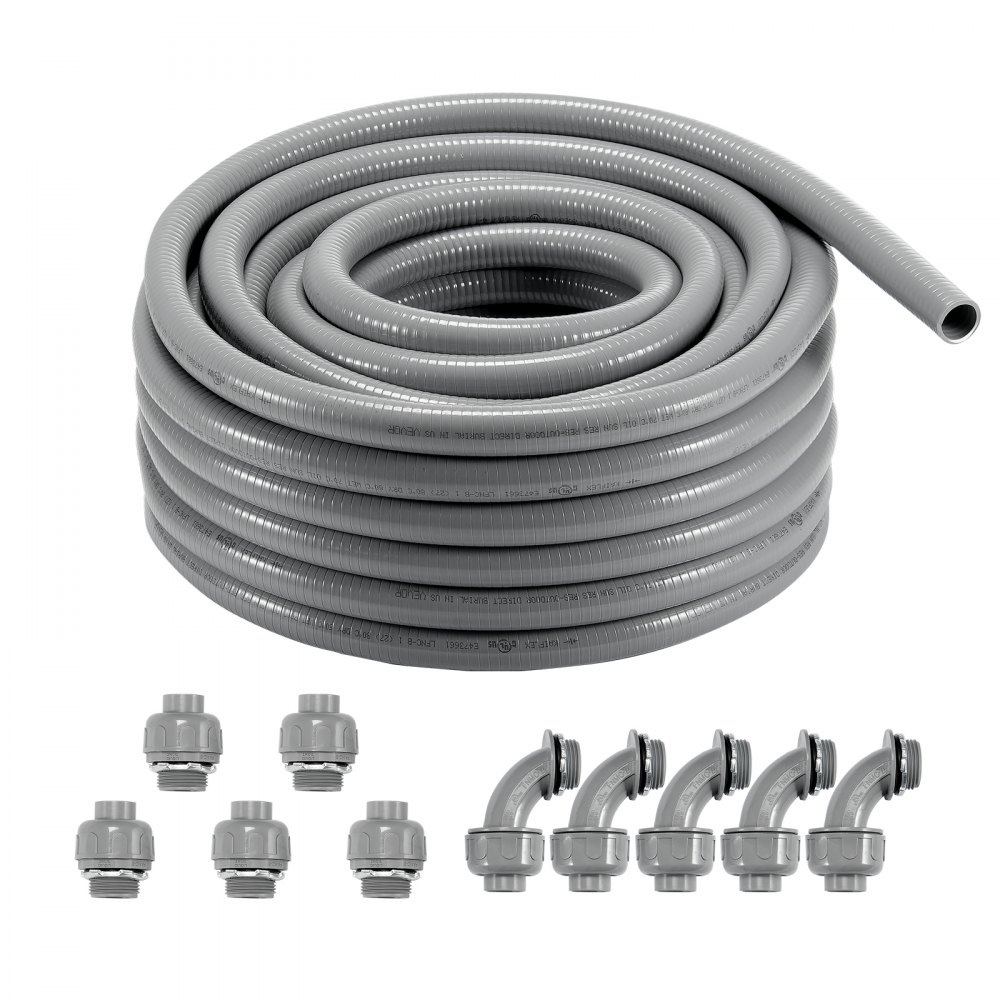 VEVOR 1-Inch Flexible Electrical Conduit, 100 ft, PVC Liquid-Tight Conduit Non-Metallic with 5 Straight and 5 90-Degree Conduit Connector Fittings, for Air Conditioning Motor Controller Pump, IP65 - PVCYMDQDG1INFF00ZV0
