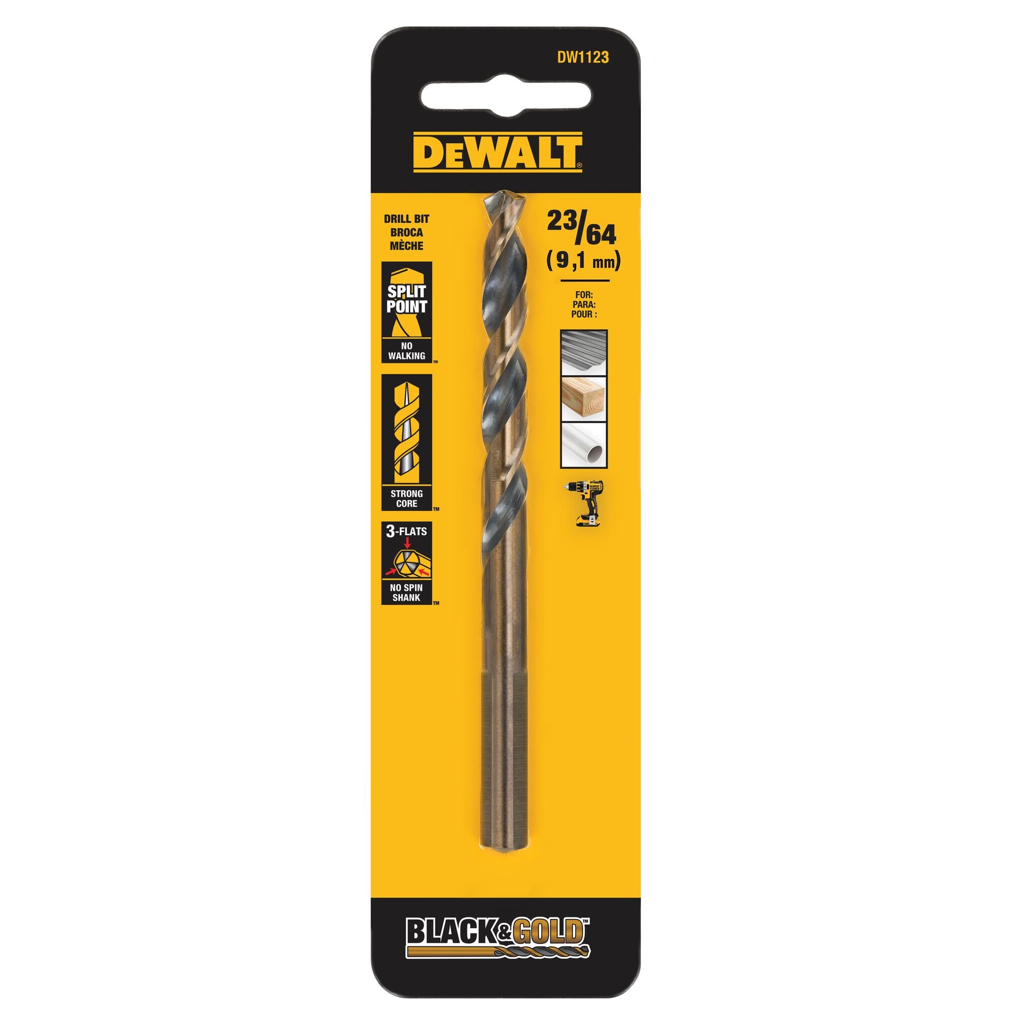 DEWALT Broca helicoidal de longitud estándar recubierta en negro y dorado de 23/64 pulgadas x 5 pulgadas - DW1123