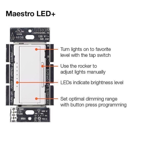 Interruptor atenuador de 3 vías blanco de 150 W Mastro Duo Lutron Maestro 1 pk - MACL-153M-RHW-W