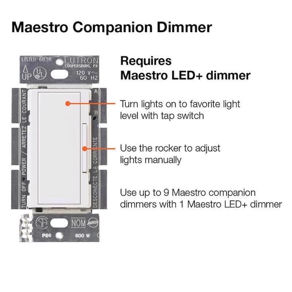 Interruptor atenuador de 3 vías blanco de 150 W Mastro Duo Lutron Maestro 1 pk - MACL-153M-RHW-W