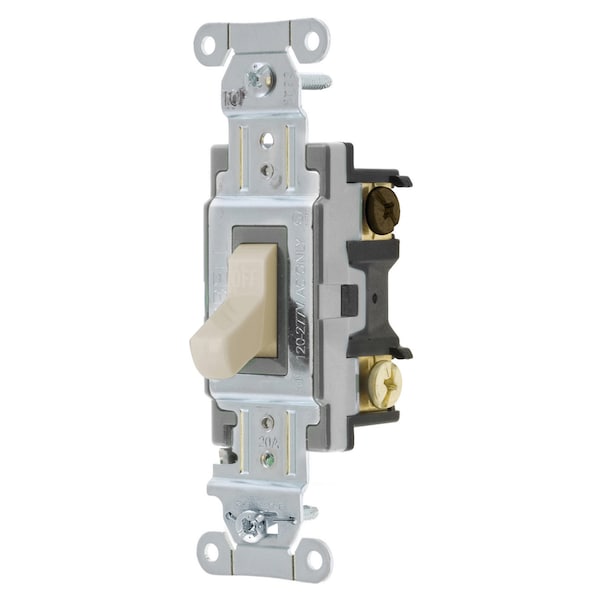 Interruptores y controles de iluminación Hubbell Wiring Device-Kellems, interruptor de palanca, grado comercial, de tres vías, 20A 120/277V AC, con cableado lateral, palanca color almendra - CS320LA