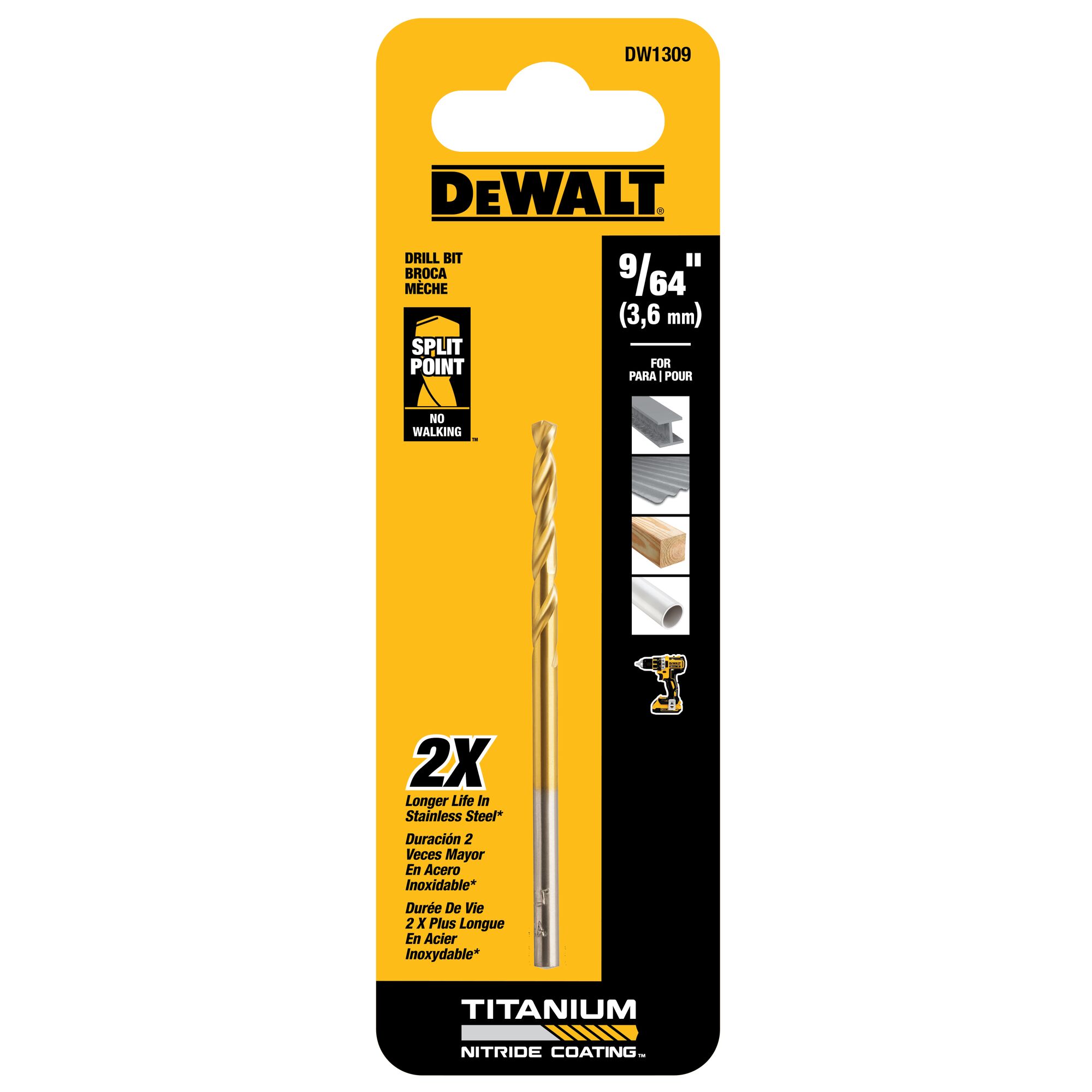 Broca de torsión de longitud estándar recubierta de nitruro de titanio de 9/64 pulgadas x 5-7/8 pulgadas DEWALT - DW1309