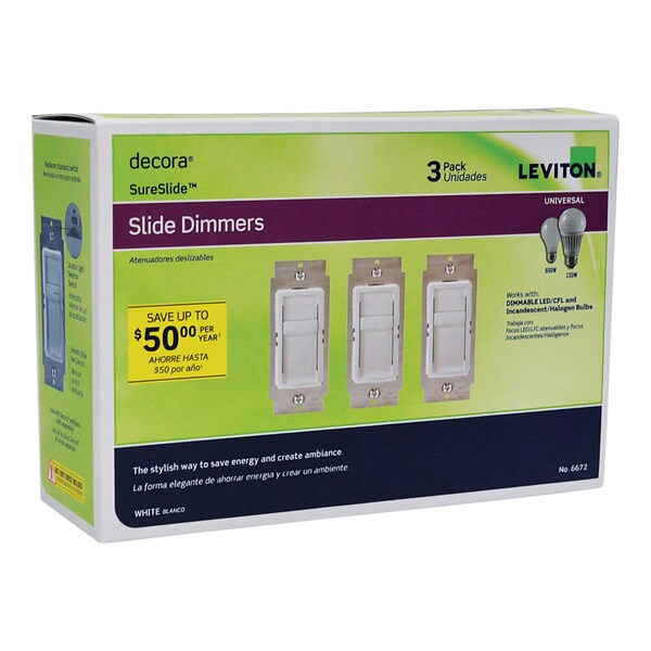 Leviton Decora SureSlide Interruptor deslizante blanco de 600 W 3 unidades - 6672-3PW