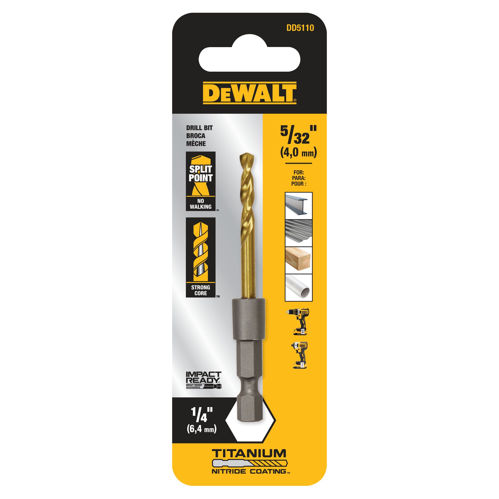 DEWALT Broca helicoidal de longitud estándar recubierta de nitruro de titanio 5/32 pulg. x 2-3/4 pulg. - DD5110