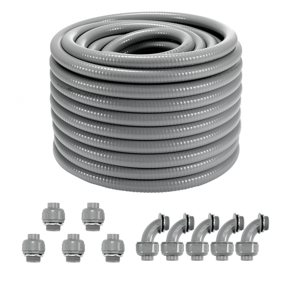 VEVOR 3/4-Inch Flexible Electrical Conduit, 100 ft, PVC Liquid-Tight Conduit Non-Metallic with 5 Straight and 5 90-Degree Conduit Connector Fittings, for Air Conditioning Motor Controller Pump, IP65 - PVCYMDQDG34IIP87TV0