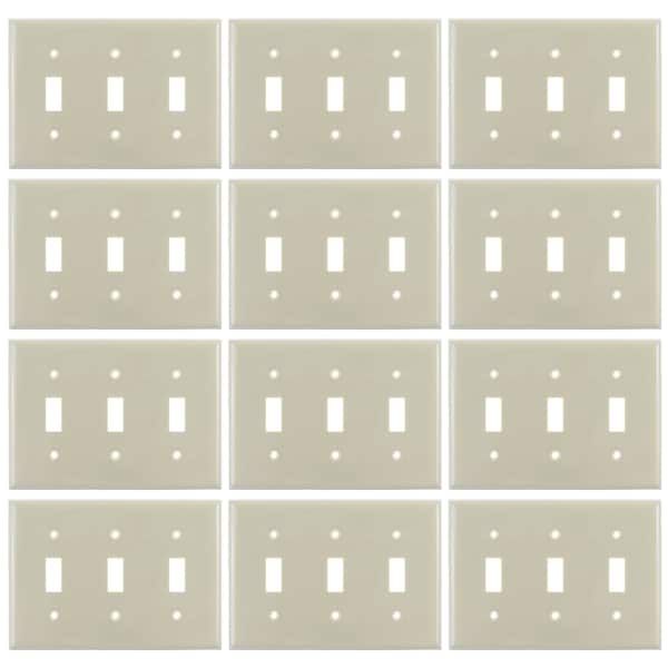 Placa de interruptor de palanca de 3 vías Sunlite marfil estándar de 4.5 pulgadas x 6.4 pulgadas con tornillos a juego incluidos UL, 12PK - 40888-NS