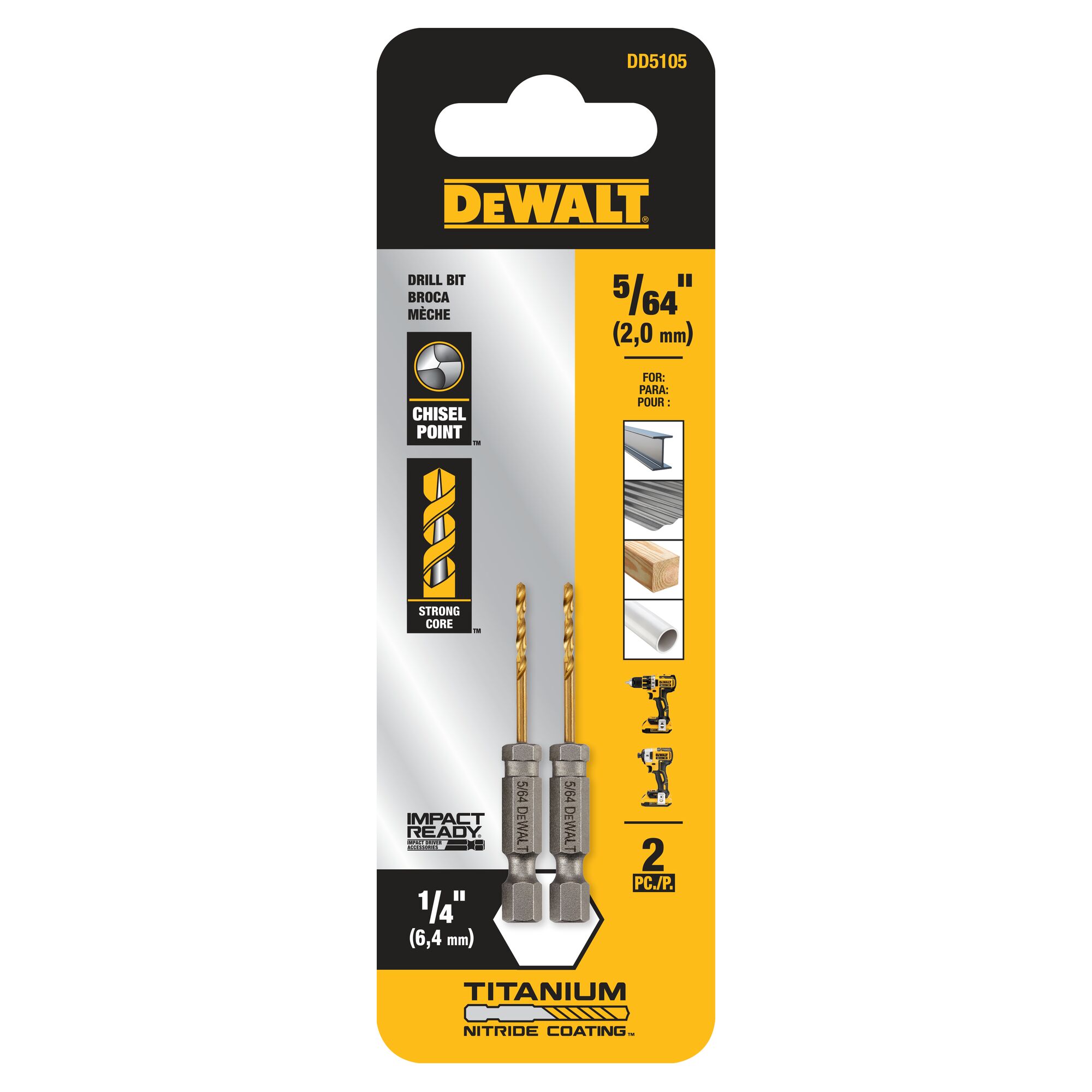 DEWALT 2-Piezas 5/64 pulgadas x 2-3/8 pulgadas Broca de Titanio con Revestimiento de Nitruro de HSS - DD5105