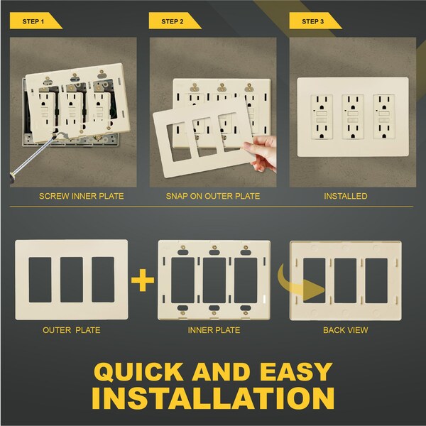 Placas de pared sin tornillos para interruptores de 3 gang, 4.68in de alto x 2.93in de largo, para GFCI, USB, reguladores, color marfil - SWP3-IV-01