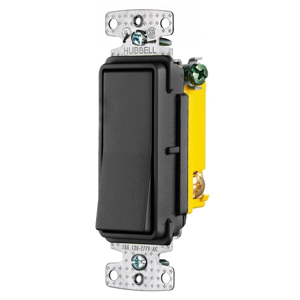 Hubbell Wiring Device-Kellems TradeSelect, Interruptores y Controles de Iluminación, Interruptor Decorativo, Grado Residencial, Interruptor Basculante, Propósito General CA, De Tres Vías, 15A 120/277V CA, Conexión por Empuje y Lateral, Negro - RSD315BK