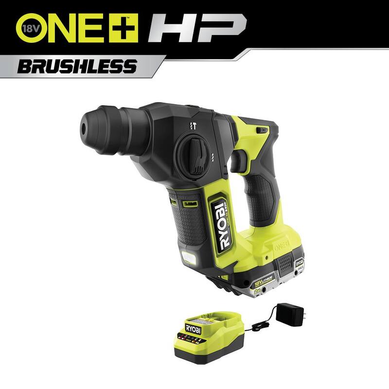 RYOBI ONE+ HP 18V Martillo Rotativo SDS Compacto Inalámbrico Brushless de 5/8 pulg. con Kit de Batería de Alto Rendimiento de 2.0 Ah y Cargador - PSBRH01K1