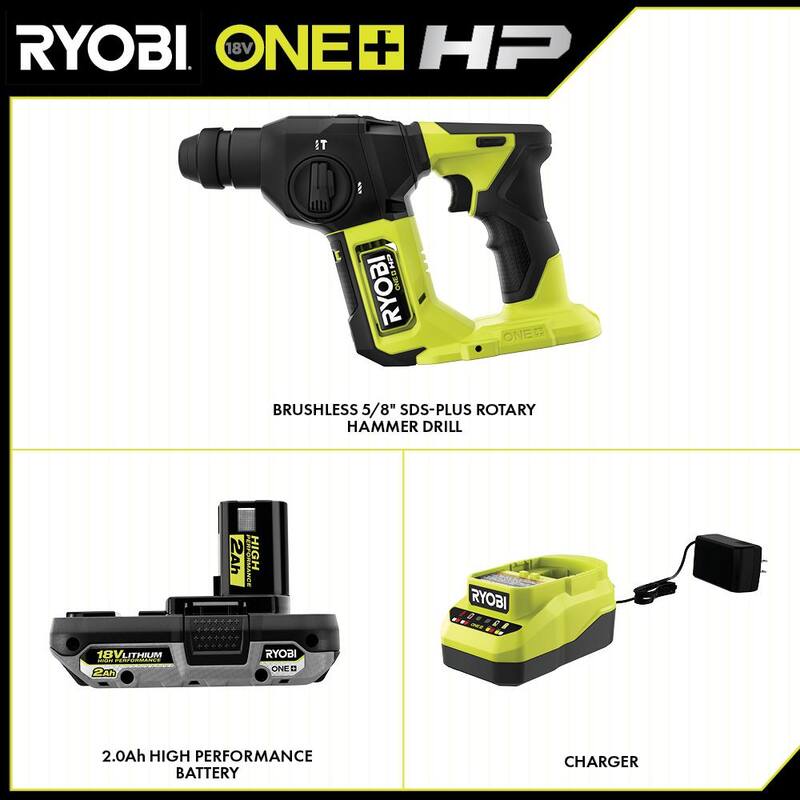 RYOBI ONE+ HP 18V Martillo Rotativo SDS Compacto Inalámbrico Brushless de 5/8 pulg. con Kit de Batería de Alto Rendimiento de 2.0 Ah y Cargador - PSBRH01K1