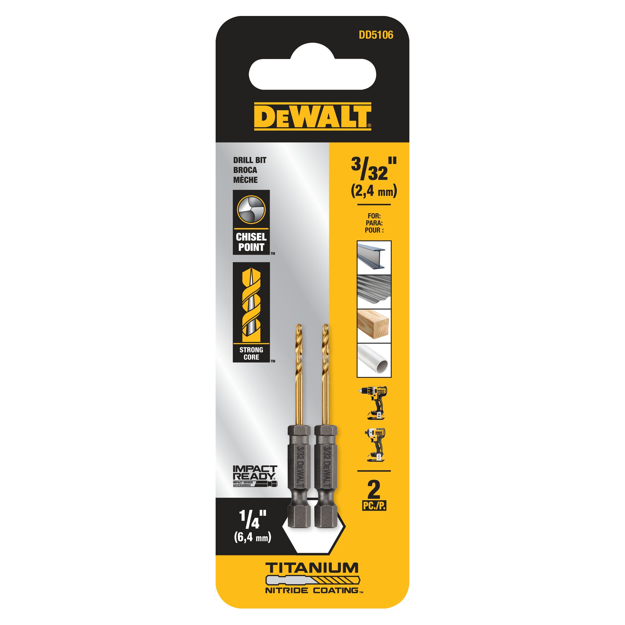 DEWALT Juego de 2 piezas de brocas helicoidales de longitud laboral recubiertas de nitruro de titanio HSS de 3/32 pulgadas x 2-7/16 pulgadas - DD5106