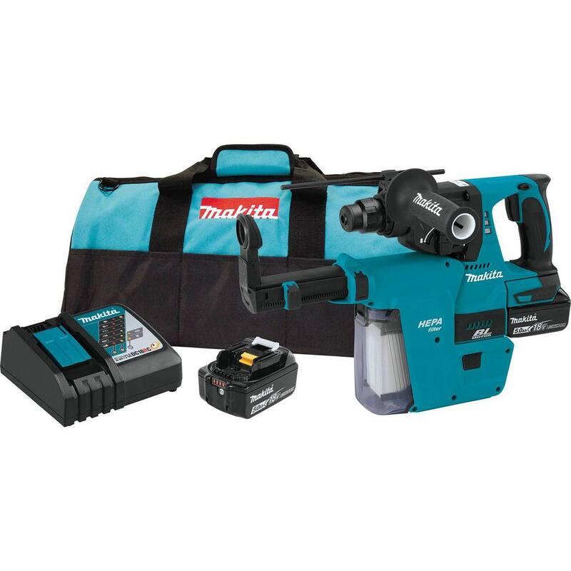Martillo perforador rotativo inalámbrico sin escobillas SDS-Plus de 1 pulg. Makita 18V LXT Li-Ion con accesorio de aspiradora HEPA (2) baterías 5.0Ah - XRH011TX.