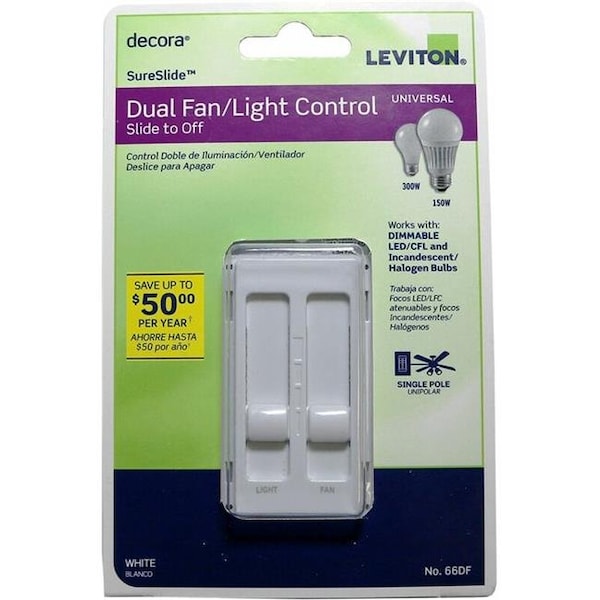 Leviton 3001337 Decora Sureslide Ventilador y interruptor deslizante atenuador de LED; Blanco - 3001337