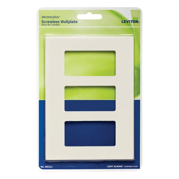 Placa de pared decorativa sin tornillos Leviton Decora Plus Almond de policarbonato de 3 gang, 1 pieza - 80311-T