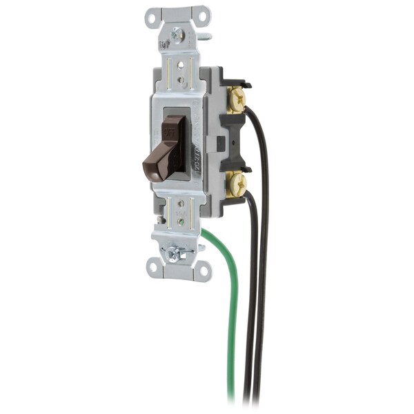 Hubbell Wiring Device-Kellems Spec Grade, Toggle Switches, General Purpose AC, Single Pole, 15A 120/277V AC, Back and Side Wired, Pre-Wired with 8" #12 THHN, Brown - CSL115
