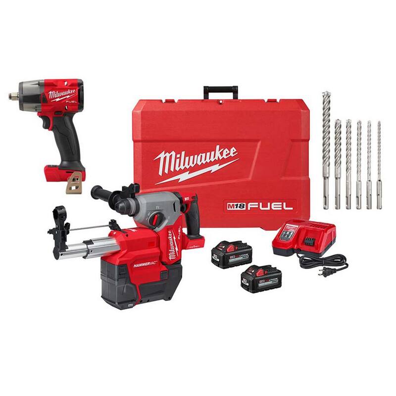 Martillo rotativo inalámbrico Milwaukee M18 FUEL ONE-KEY 18V de 1 pulgada con tecnología Lith-Ion sin escobillas, combinado con una llave de impacto de 1/2 pulgada y un set de brocas - 2914-22DE-2962-20-48-20-7499