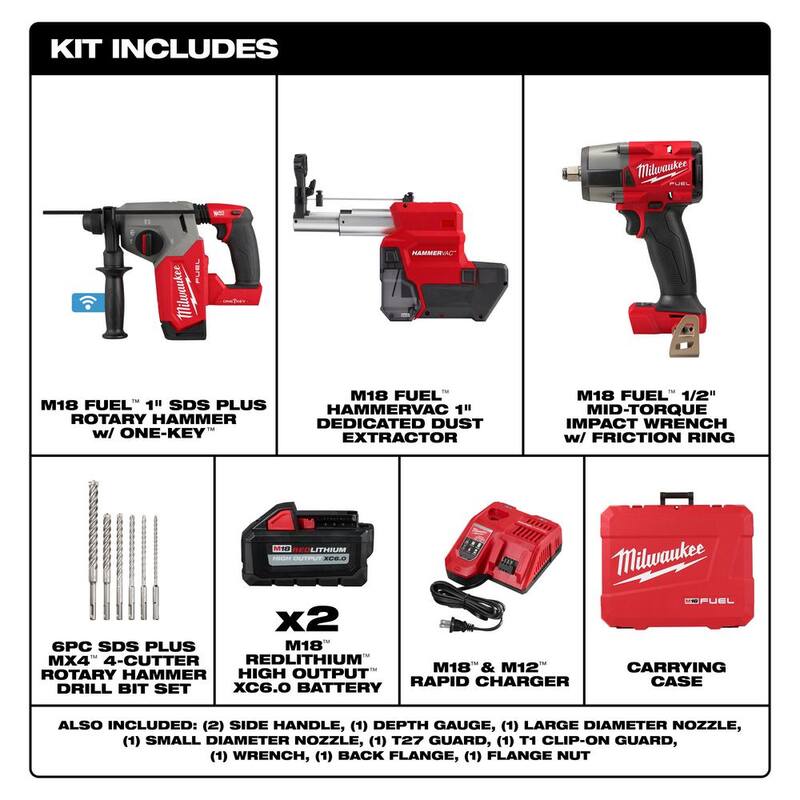 Martillo rotativo inalámbrico Milwaukee M18 FUEL ONE-KEY 18V de 1 pulgada con tecnología Lith-Ion sin escobillas, combinado con una llave de impacto de 1/2 pulgada y un set de brocas - 2914-22DE-2962-20-48-20-7499