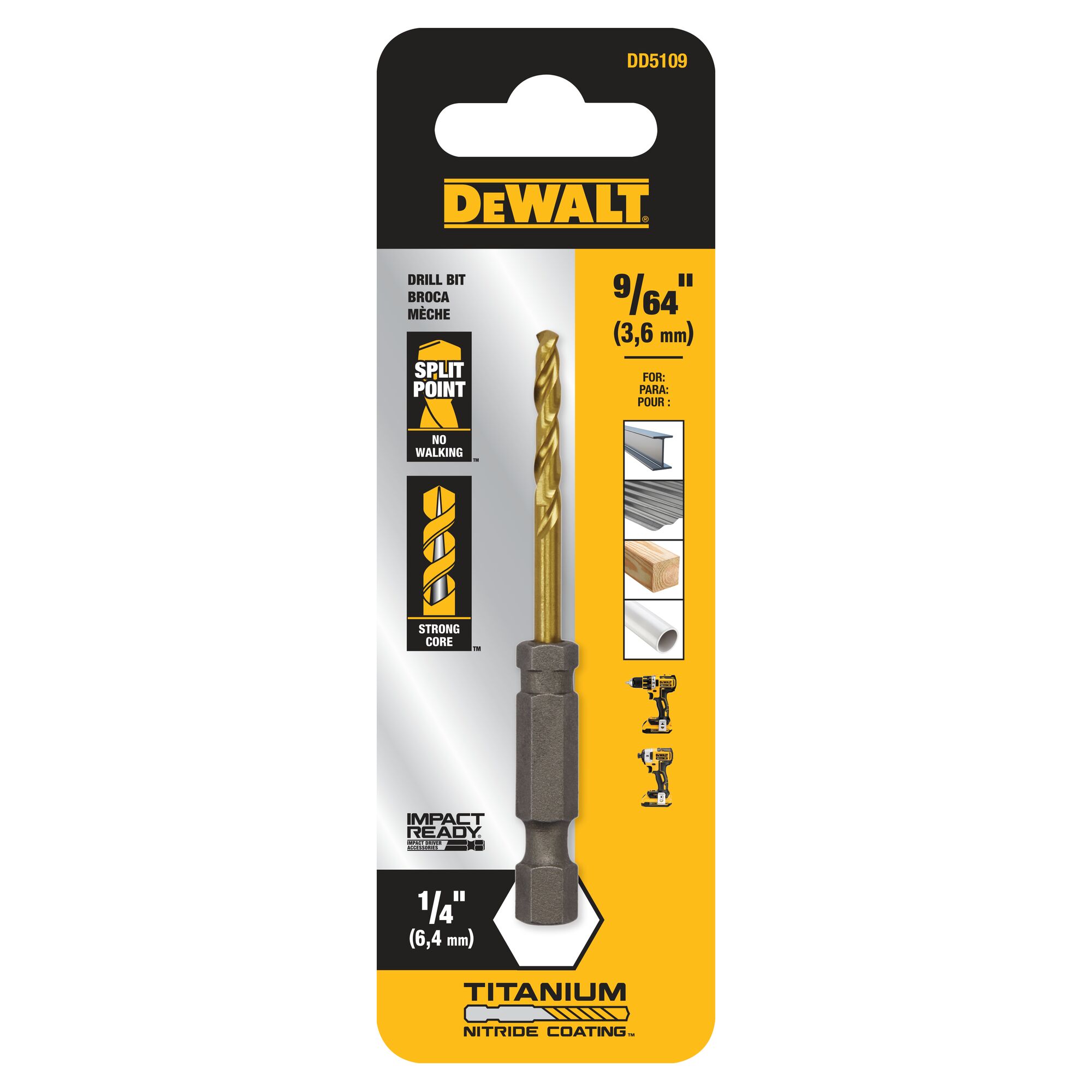 DEWALT 9/64 de pulgada x 2-3/4 de pulgada Broca twist de longitud de trabajo recubierta de nitruro de titanio HSS - DD5109