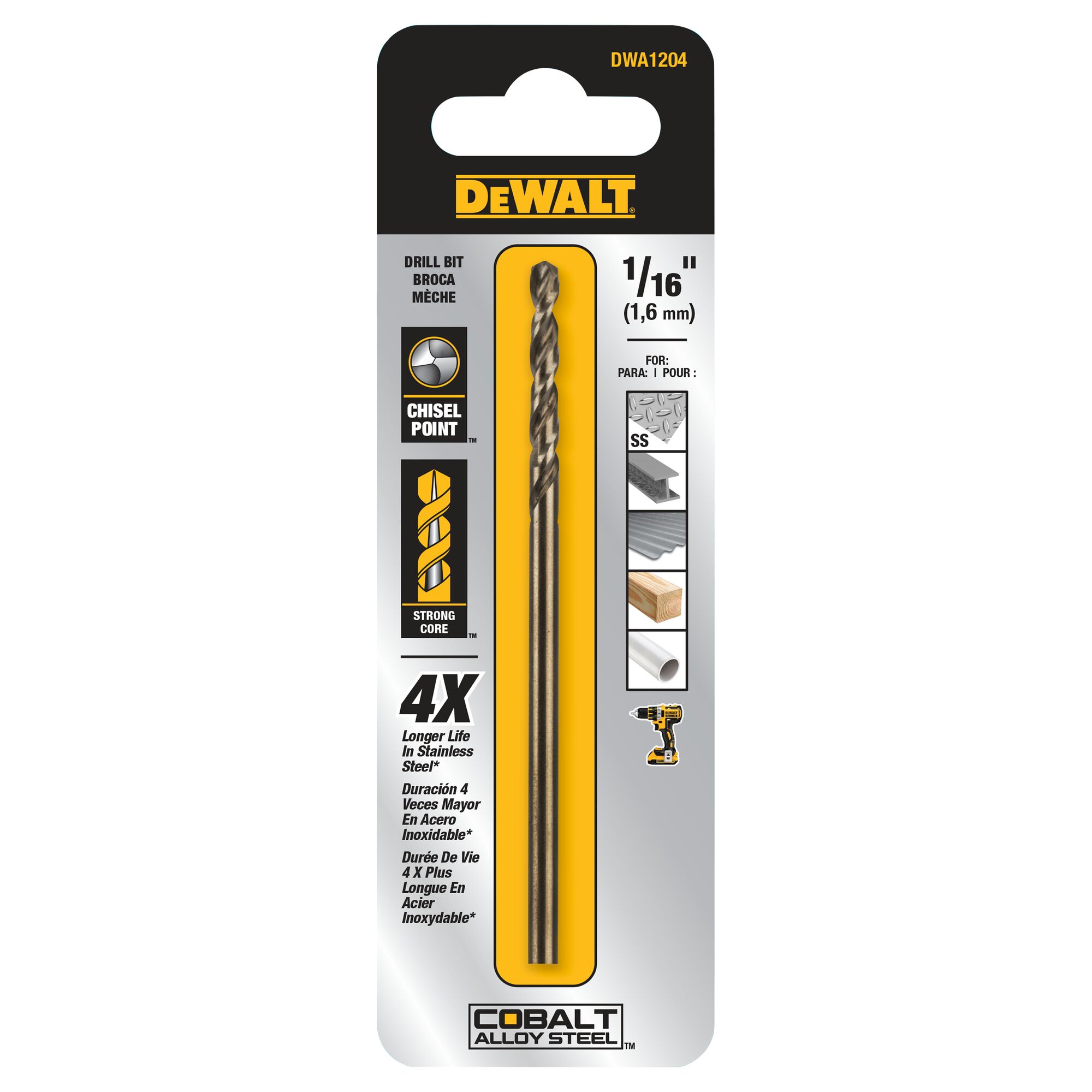 Broca helicoidal de longitud de trabajo de cobalto DEWALT 1/16 pulg. x 1-7/8 pulg. - DWA1204