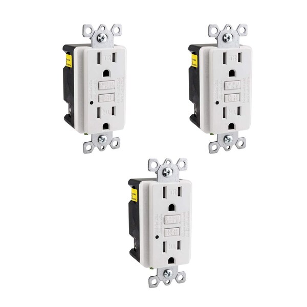 Tomacorriente doble GFCI Sunlite E542 15 Amp 120 VAC 2 Polos/3 Cables Placa de Pared con Luz Indicadora LED Blanco, 3PK - 41440-NS