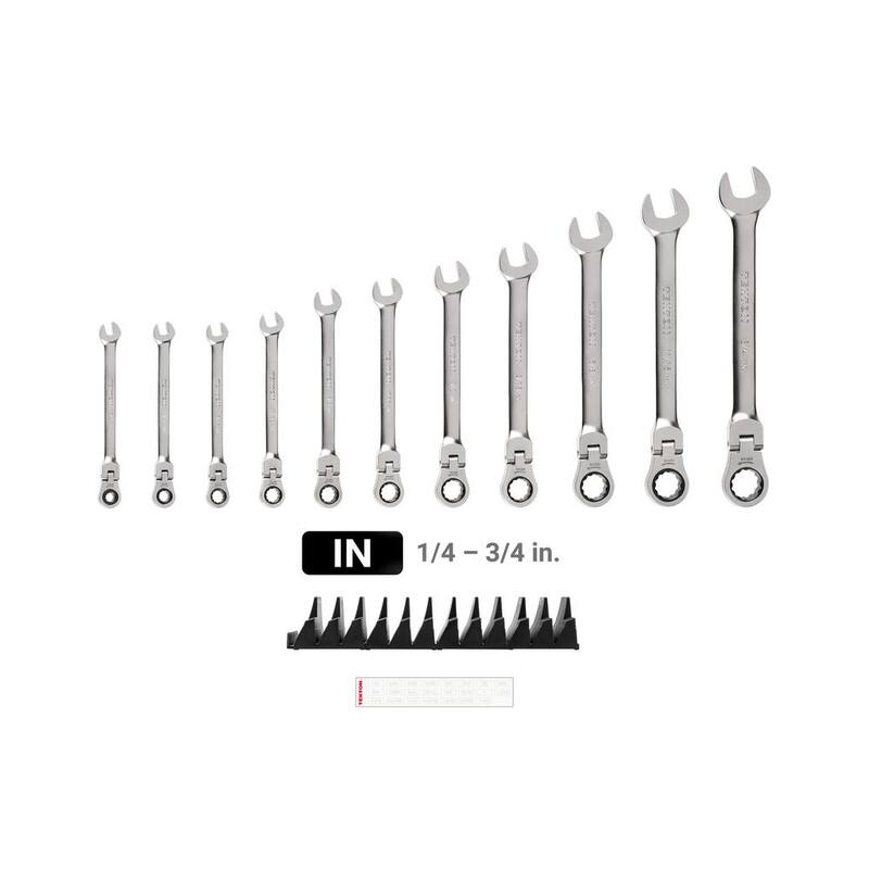 Set de llaves combinadas de trinquete de 11 piezas (1/4-3/4 pulgadas) con cabezal flexible de 12 puntos TEKTON y organizador modular con ranuras - WRC95300