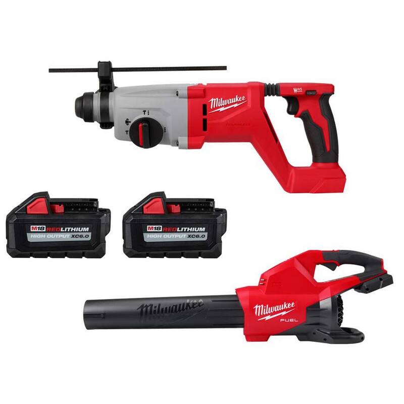 Martillo rotativo inalámbrico Milwaukee M18 18V de iones de litio sin escobillas de 1 pulgada SDS-Plus con mango en D, incluye soplador de batería dual M18 y (2) baterías - 2613-20-2824-20-48-11-1862