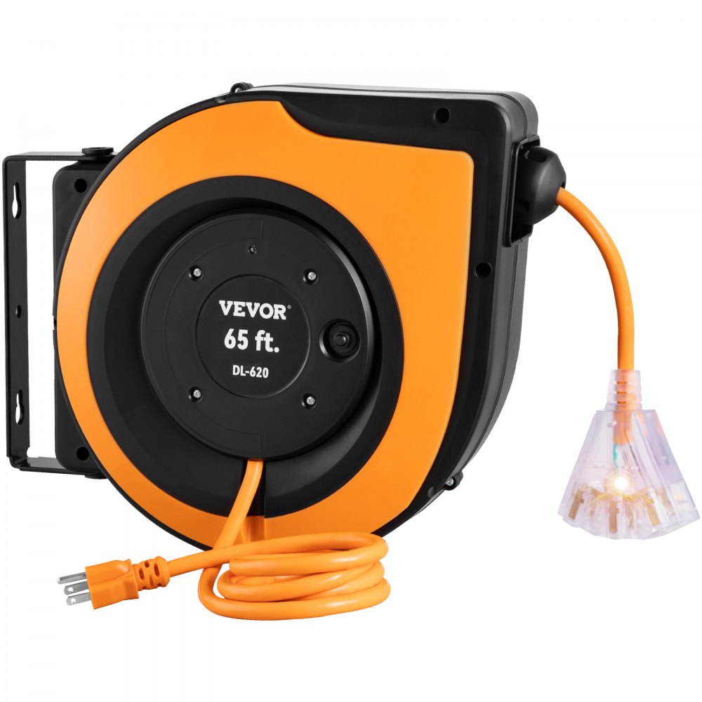VEVOR Retractable Extension Cord Reel, 65 FT, Heavy Duty 12AWG/3C SJTOW Power Cord, with Lighted Triple Tap Outlet, 15 Amp Circuit Breaker, 180° Swivel Bracket for Ceiling Tested to UL Standards - SSSJXQMC65FT1OWM6V1