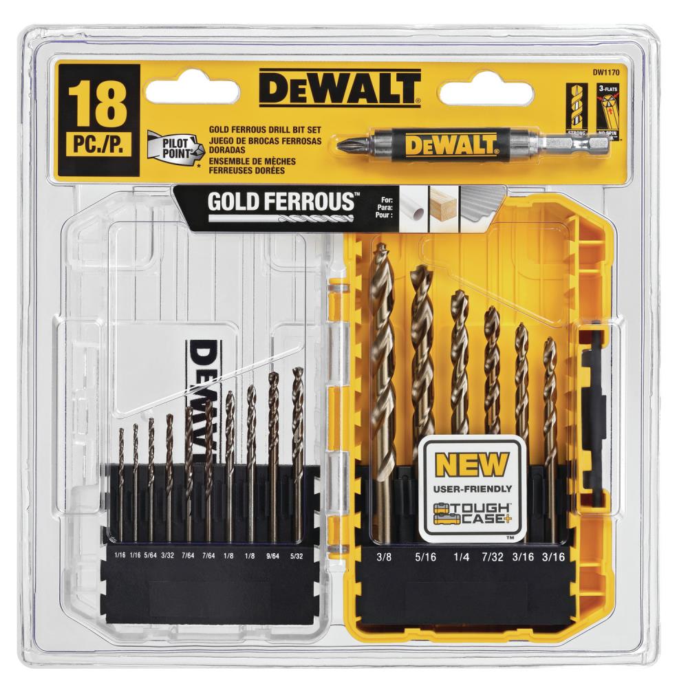 DEWALT Juego de Brocas Twist de Acero de Alta Velocidad Recubierto con Oro de 18 Piezas - DW1170