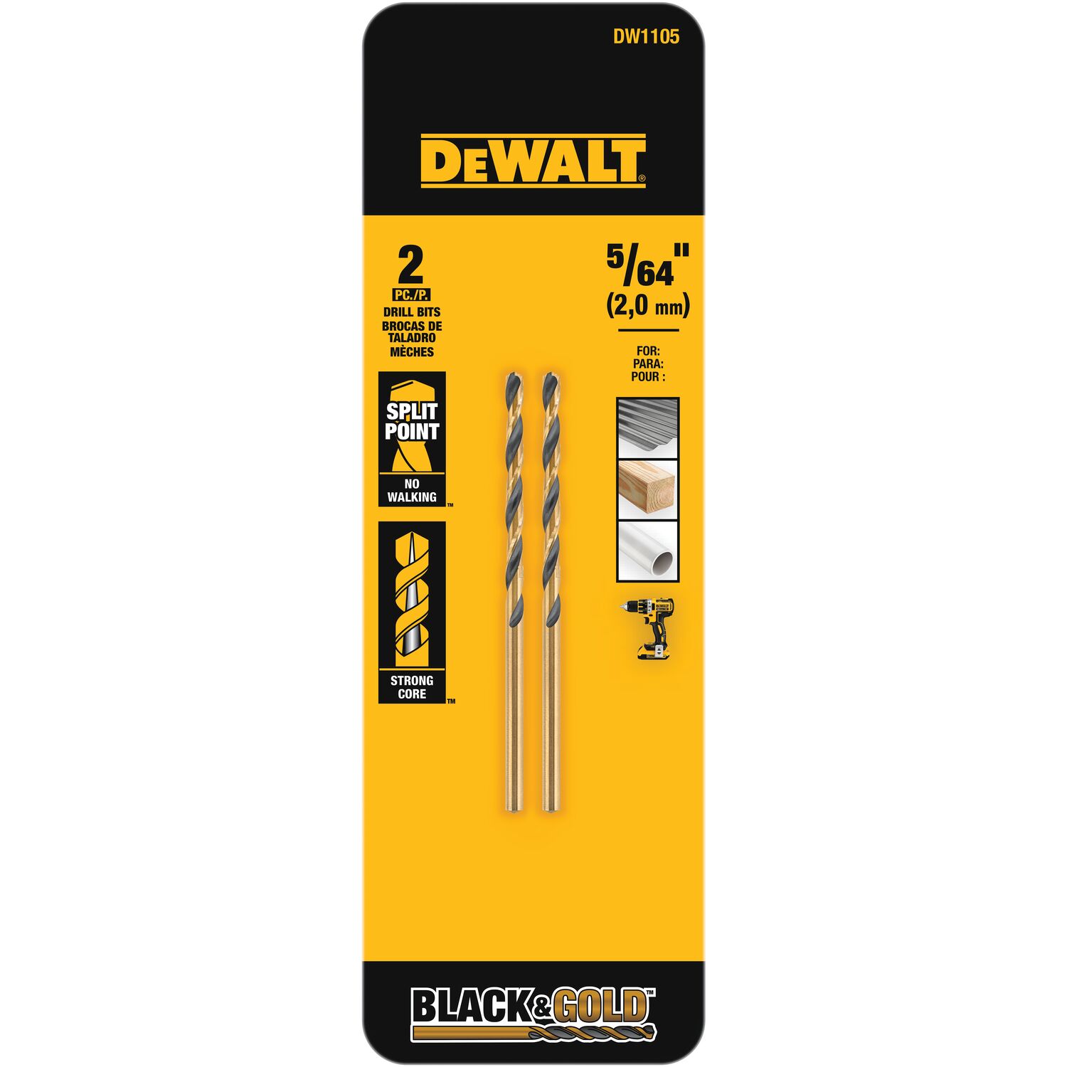 DEWALT 2 Piezas 5/64 pulgadas x 2 pulgadas Broca de torsión de longitud cónica recubierta de óxido negro de HSS - DW1105
