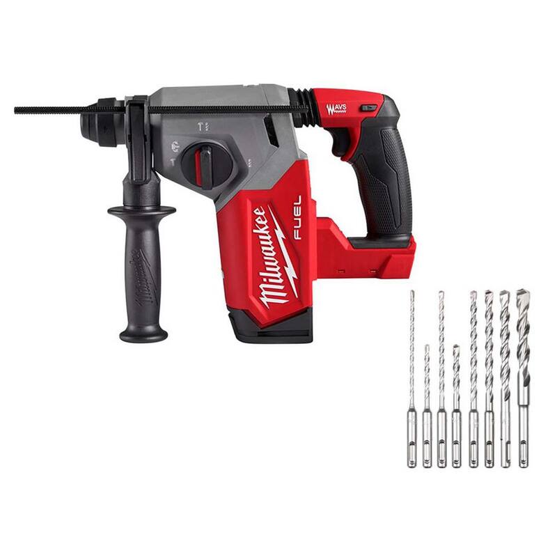 Martillo rotativo inalámbrico Milwaukee M18 FUEL 18V de 1 pulgada SDS-Plus con motor sin escobillas de litio (Herramienta solamente) con juego de brocas de carburo (8 piezas) - 2912-20-48-20-7673.