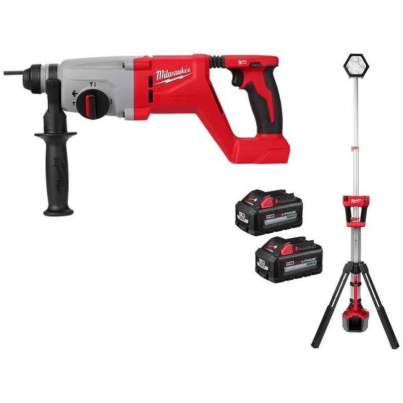 Rotomartillo inalámbrico Milwaukee M18 18V de iones de litio sin escobillas con mango en D SDS-Plus de 1 pulgada, luz de torre Rocket y (2) baterías de 6.0Ah - 2613-20-2131-20-48-11-1862