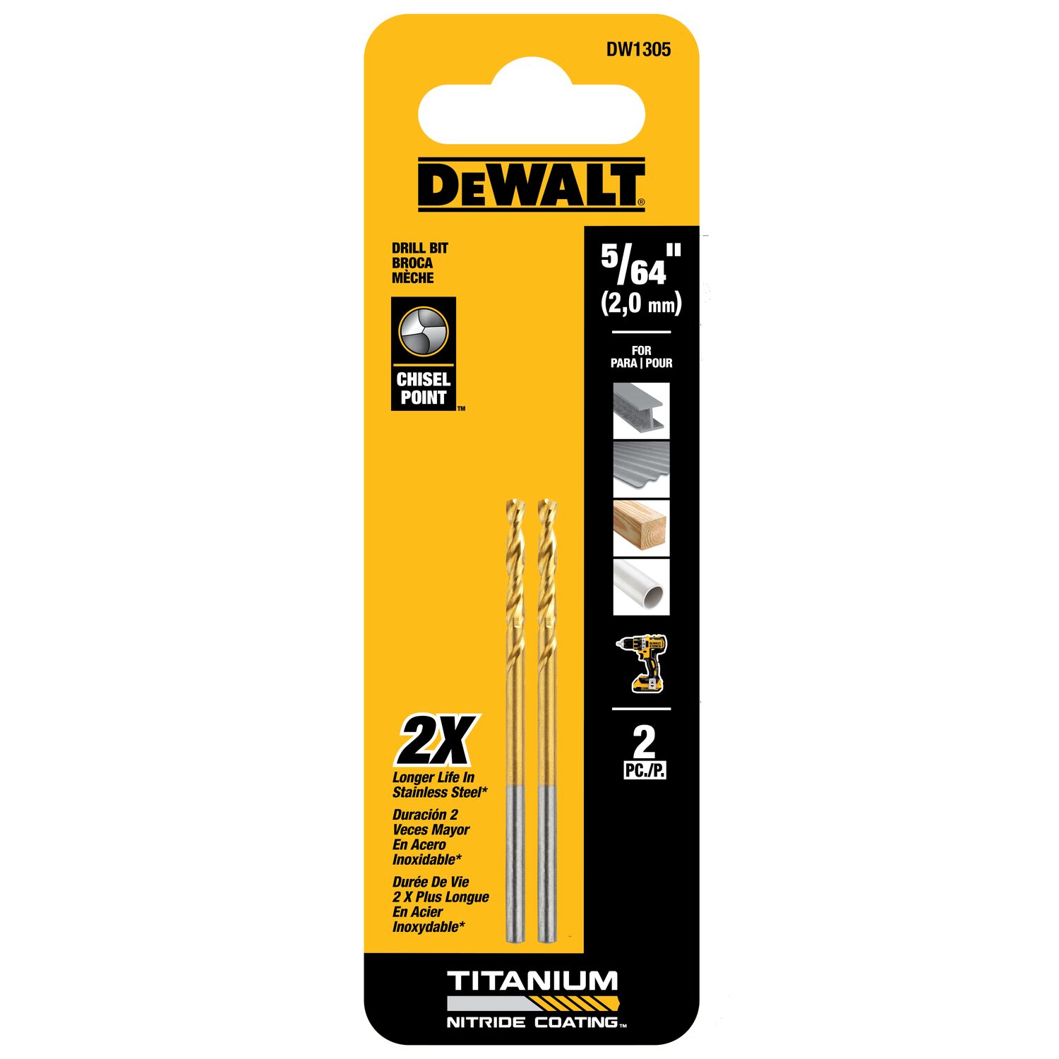 DEWALT Juego de 2 piezas de brocas helicoidales recubiertas de nitruro de titanio HSS de 5/64 pulgadas, longitud de trabajo - DW1305