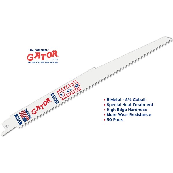 Gator Reciprocating Saw Blade 9 in. x 3/4 in. x 6tpi #12040, Heavy Duty Wood Cutting, 50PK - 12040