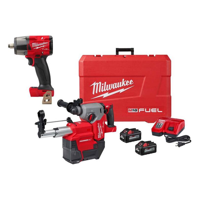 Kit de martillo rotativo inalámbrico Milwaukee M18 FUEL 18V Brushless de 1 pulgada con extractor de polvo SDS-Plus y llave de impacto de 1/2 pulgadas - 2912-22DE-2962-20