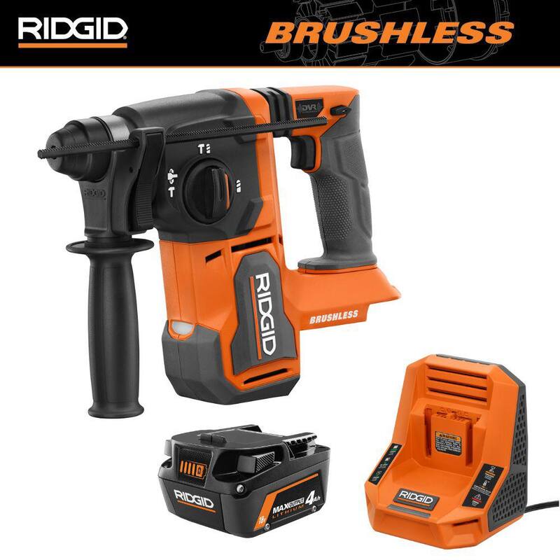 RIDGID 18V Martillo Rotativo SDS-Plus inalámbrico sin escobillas de 1 pulgada con kit de batería de salida MAX de 18V 4.0Ah y cargador rápido - R86712B-AC9840