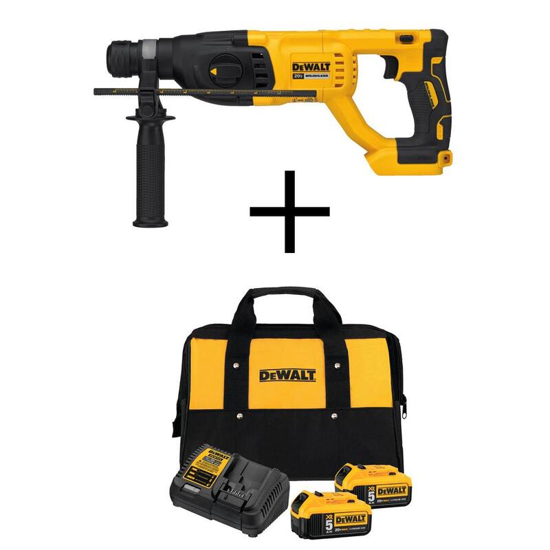 Martillo rotativo inalámbrico DEWALT de 20 voltios MAX sin escobillas de 1 pulgada SDS Plus (herramienta solamente) con batería de 20V 5.0Ah (paquete de 2), cargador y bolsa - DCH133BW205-2CK