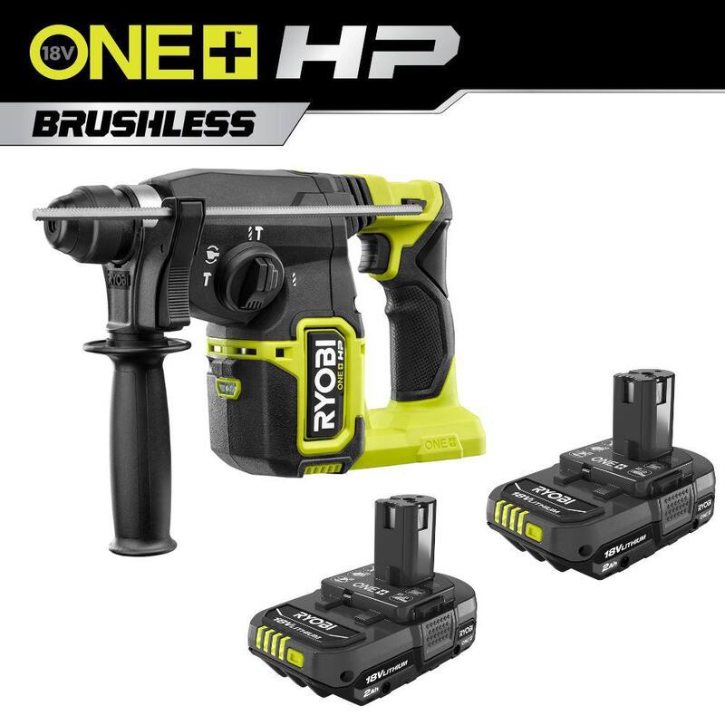 RYOBI ONE+ HP Taladro martillo rotativo SDS-Plus inalámbrico sin escobillas de 18V con batería de 2.0 Ah (paquete de 2) - P223-PBP2006.