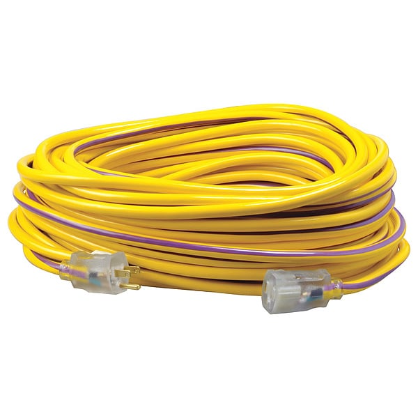 Cable de extensión SJTW, 12 AWG, para exteriores, 12/3, 1 toma, 5-15R, morado/amarillo, PVC, 5-15P, 100 pies